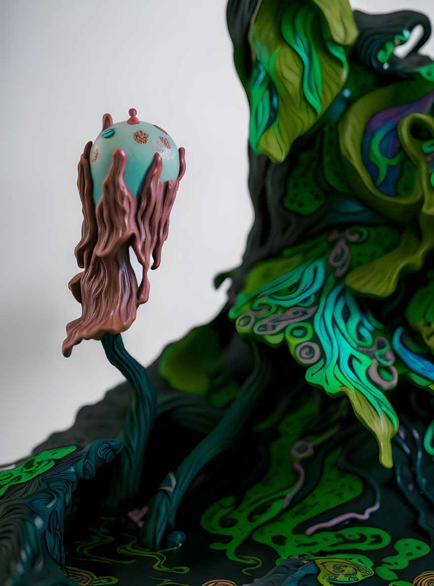 Abstract Tree-Like Structure with Swirling Green Patterns