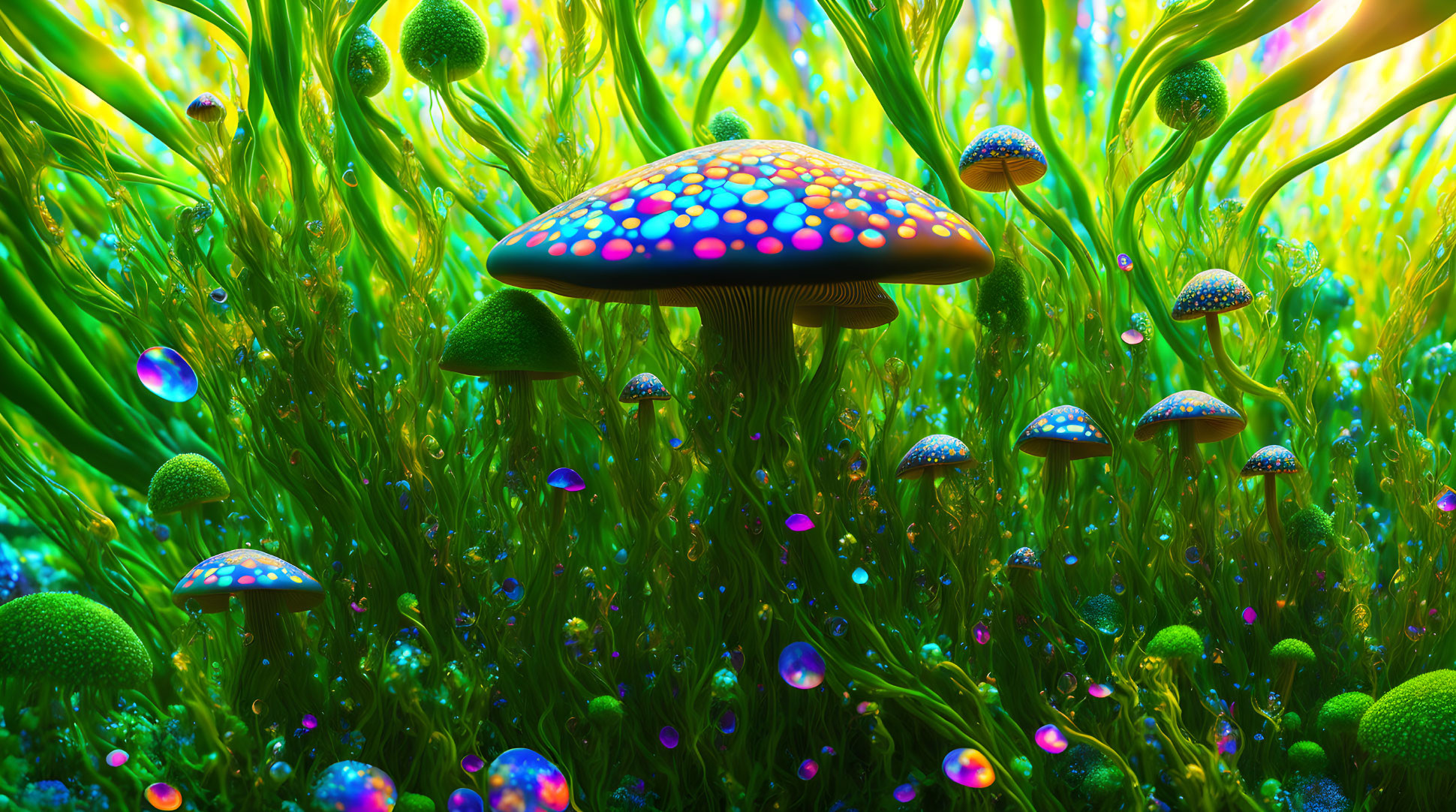 Vibrant fantasy landscape with luminescent mushrooms and neon-lit plants