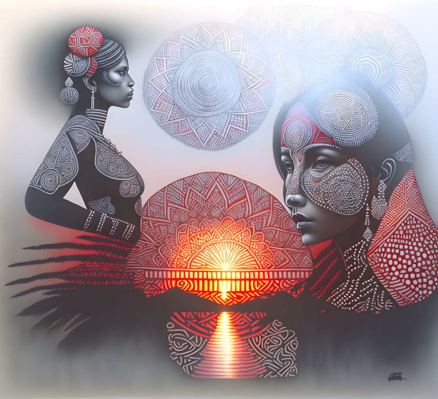 Digital Artwork: Stylized Women with Intricate Skin Patterns and Ornate Mandalas