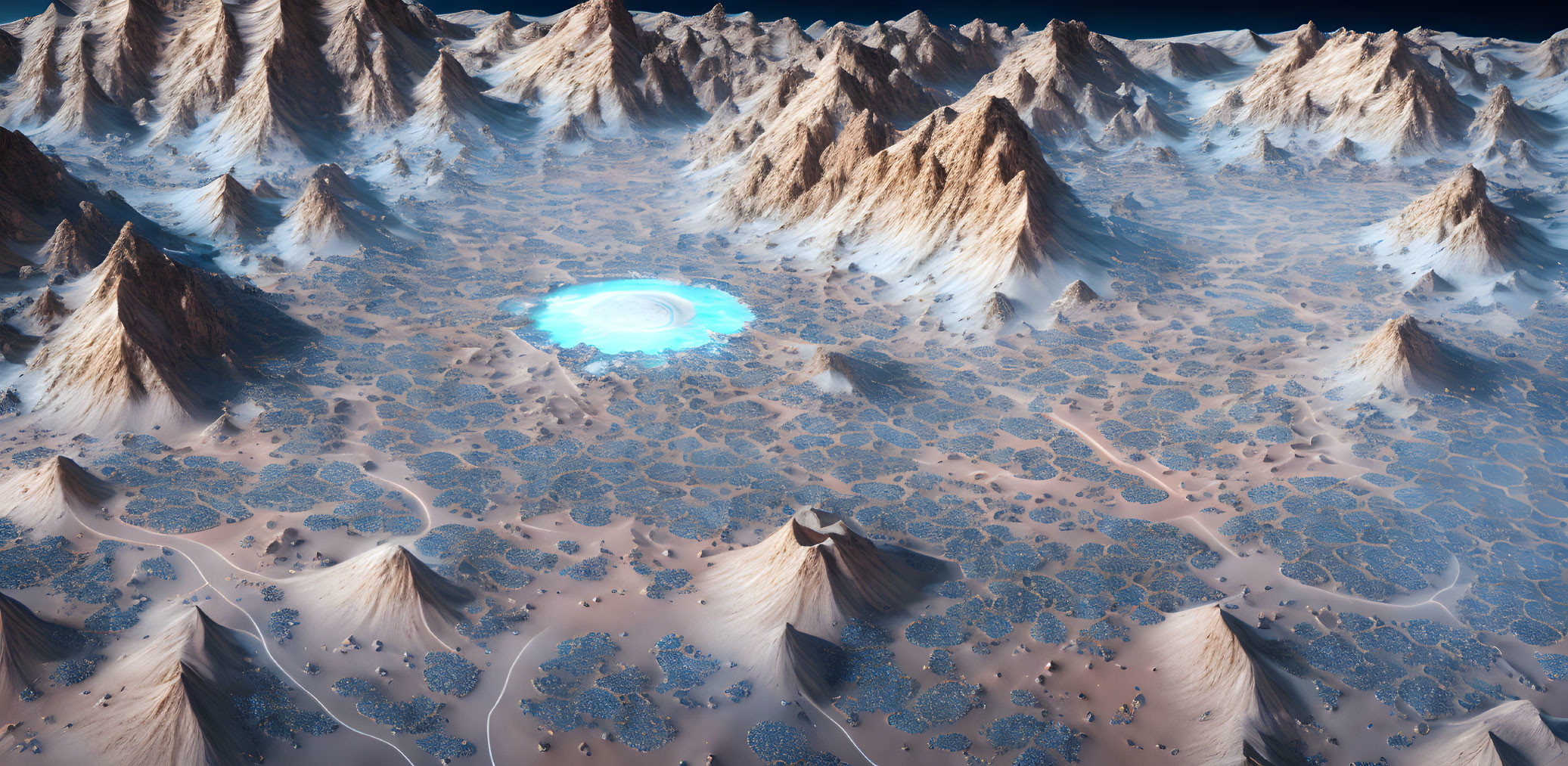 Snow-covered mountains and glowing blue portal in alien landscape.