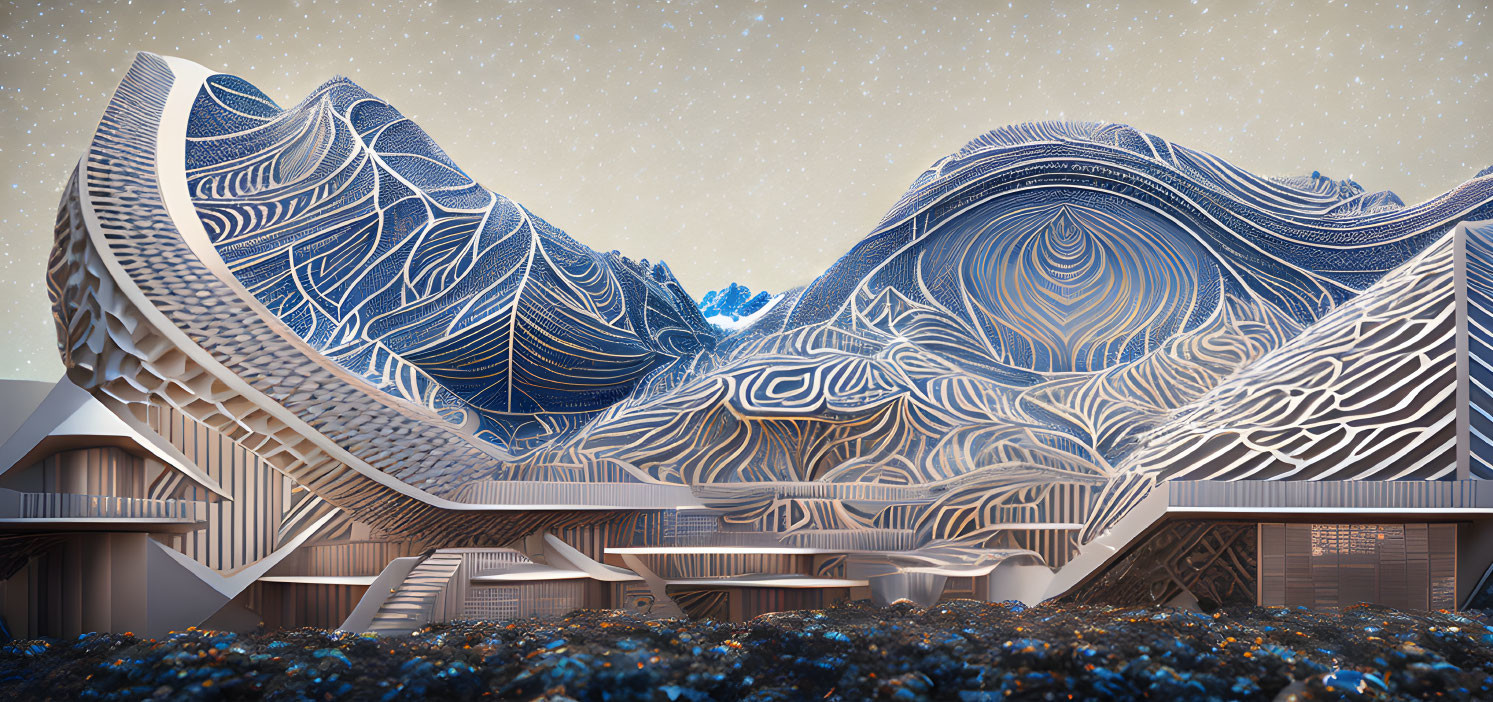 Futuristic buildings with wavelike patterns under starry night sky