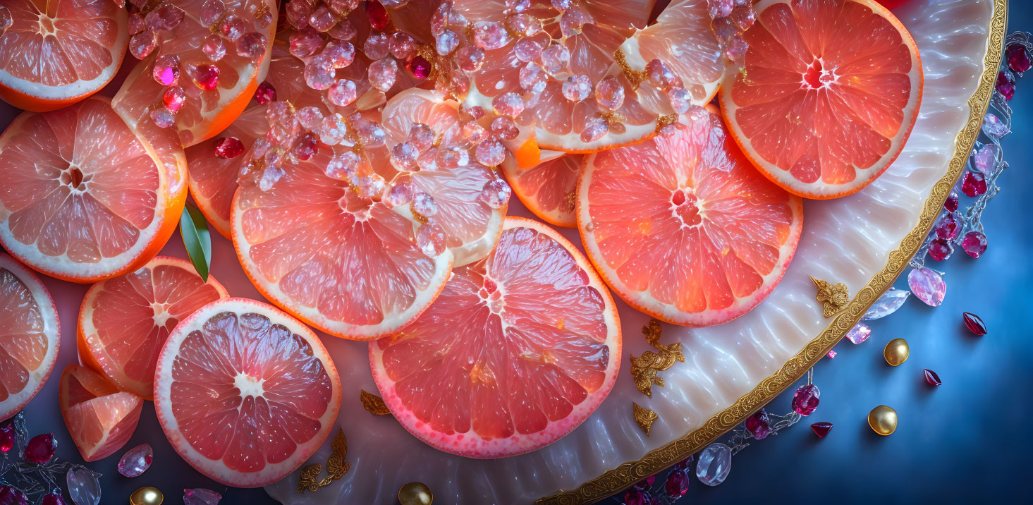 Pink Grapefruit Slices and Pomegranate Seeds on Ornate Plate