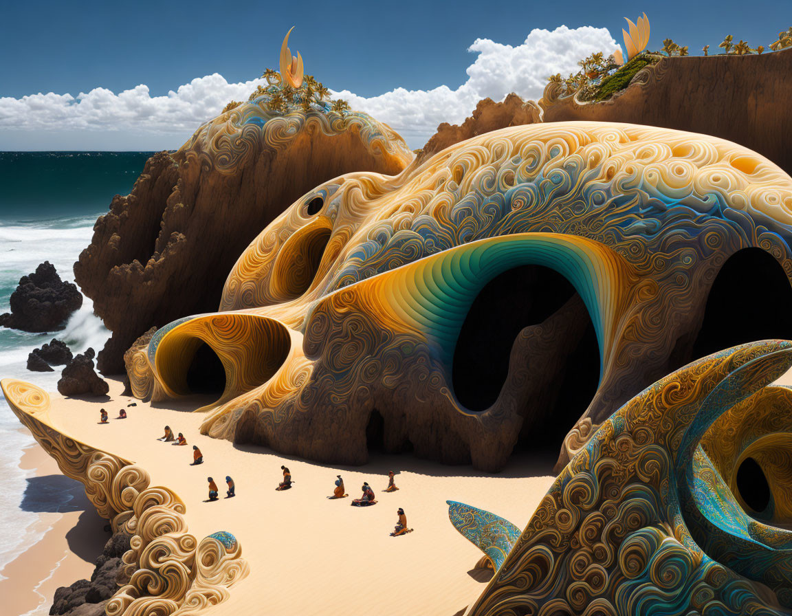 Surreal beach scene with swirling structures and sunbathers