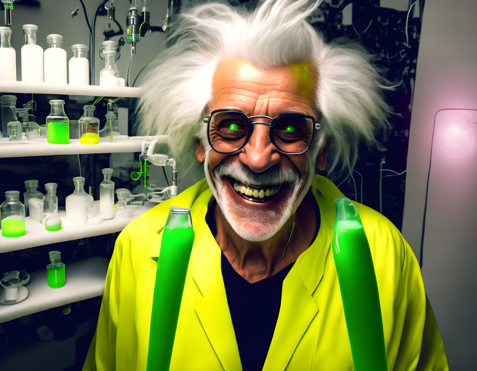 Wild-Haired Scientist Smiling in Green-Lit Lab