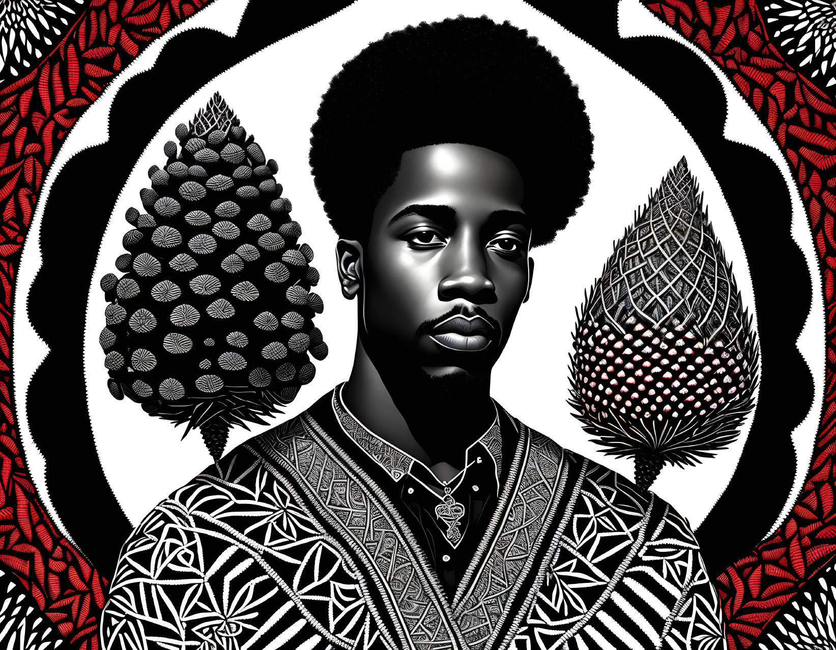 Monochromatic digital art of a man with afro hair and intricate patterns on botanical-themed background