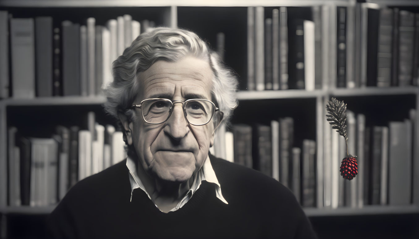 Elderly man with wavy hair and glasses smiling in monochrome photo