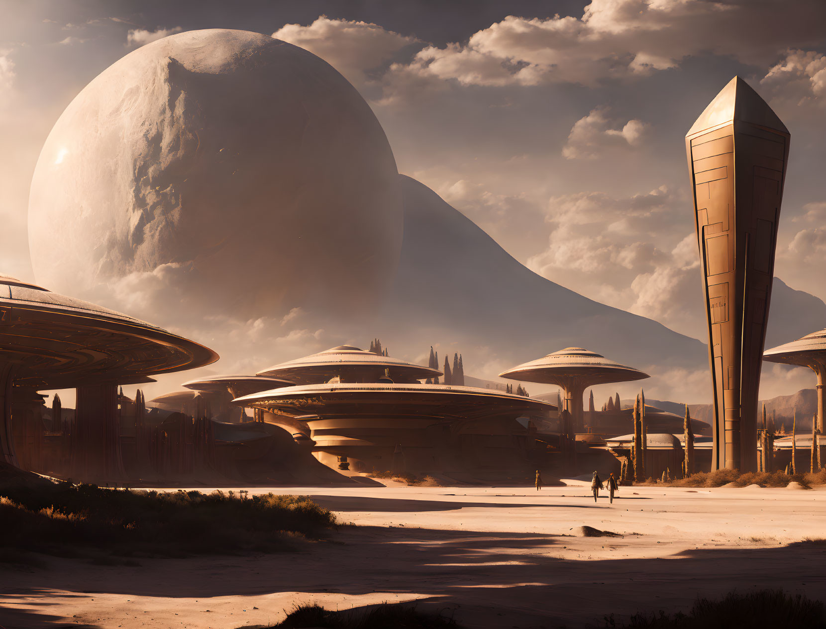 Futuristic cityscape with sleek buildings under a large moon and two figures walking on sandy terrain.