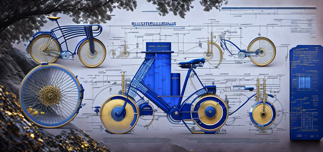 Stylized graphic image: Bicycle leaning against tree with blueprint drawings