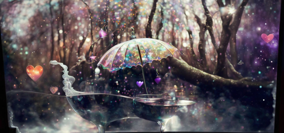 Translucent iridescent umbrella in whimsical forest setting