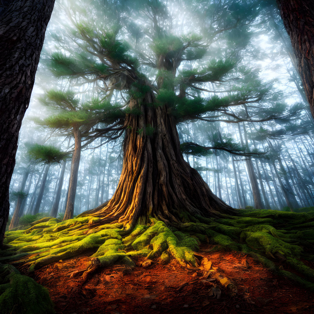 Twisted roots covered in green moss in misty forest