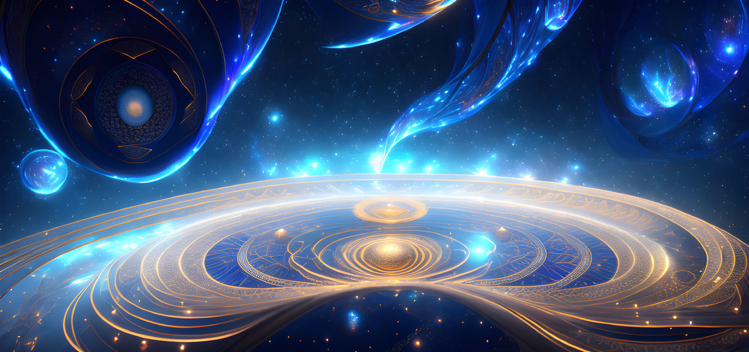 Colorful digital artwork: cosmic swirls, golden patterns, celestial bodies in starry sky