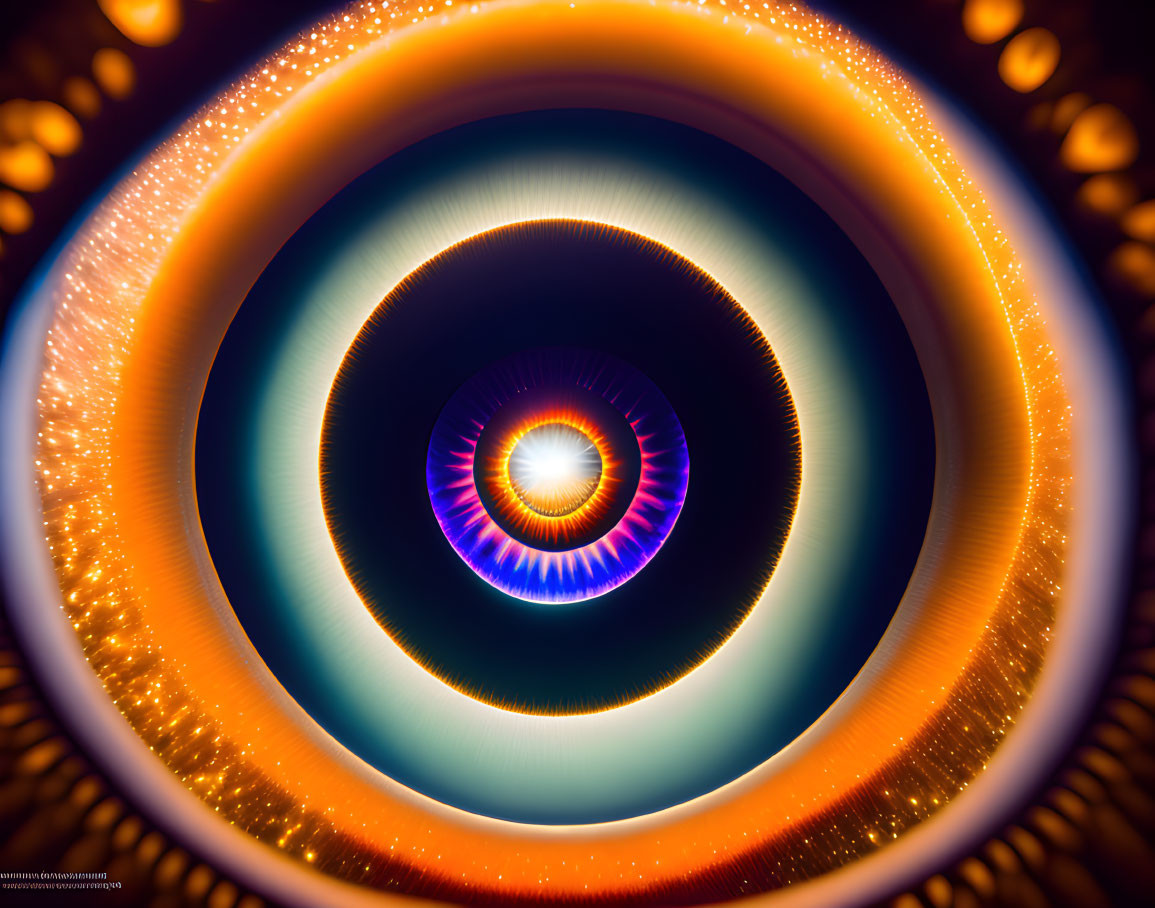 Abstract image with concentric rings of light in vibrant blue, orange, and purple hues.