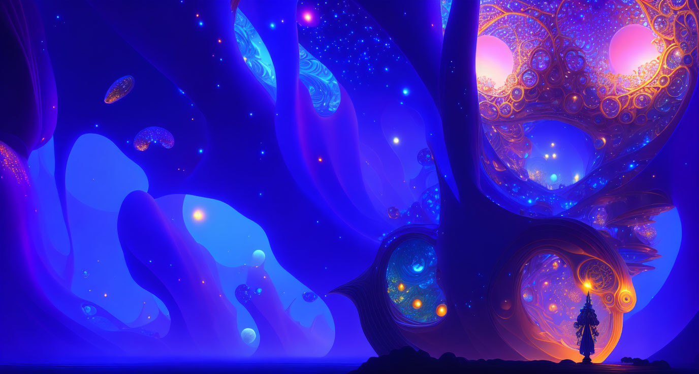 Surreal cosmic landscape with glowing trees and galaxies