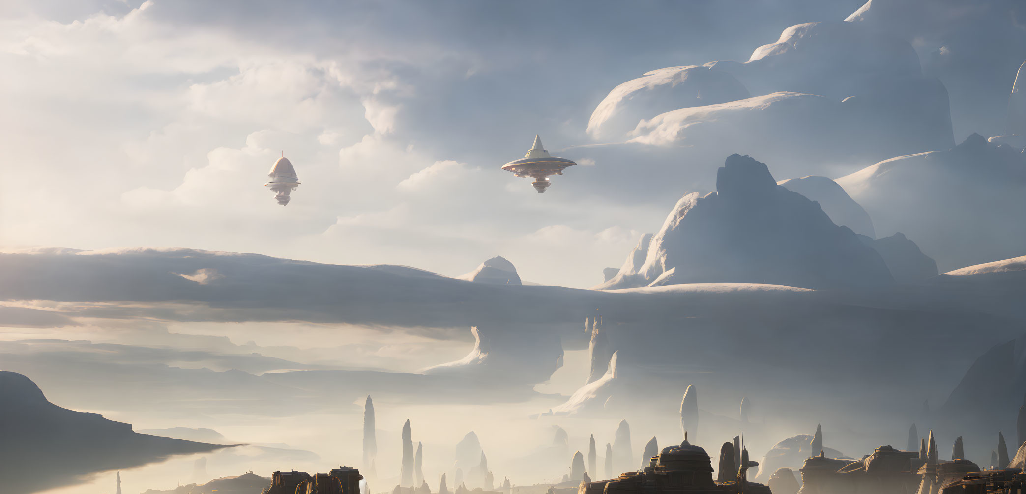 Ethereal landscape with floating cities above mist-covered rock formations