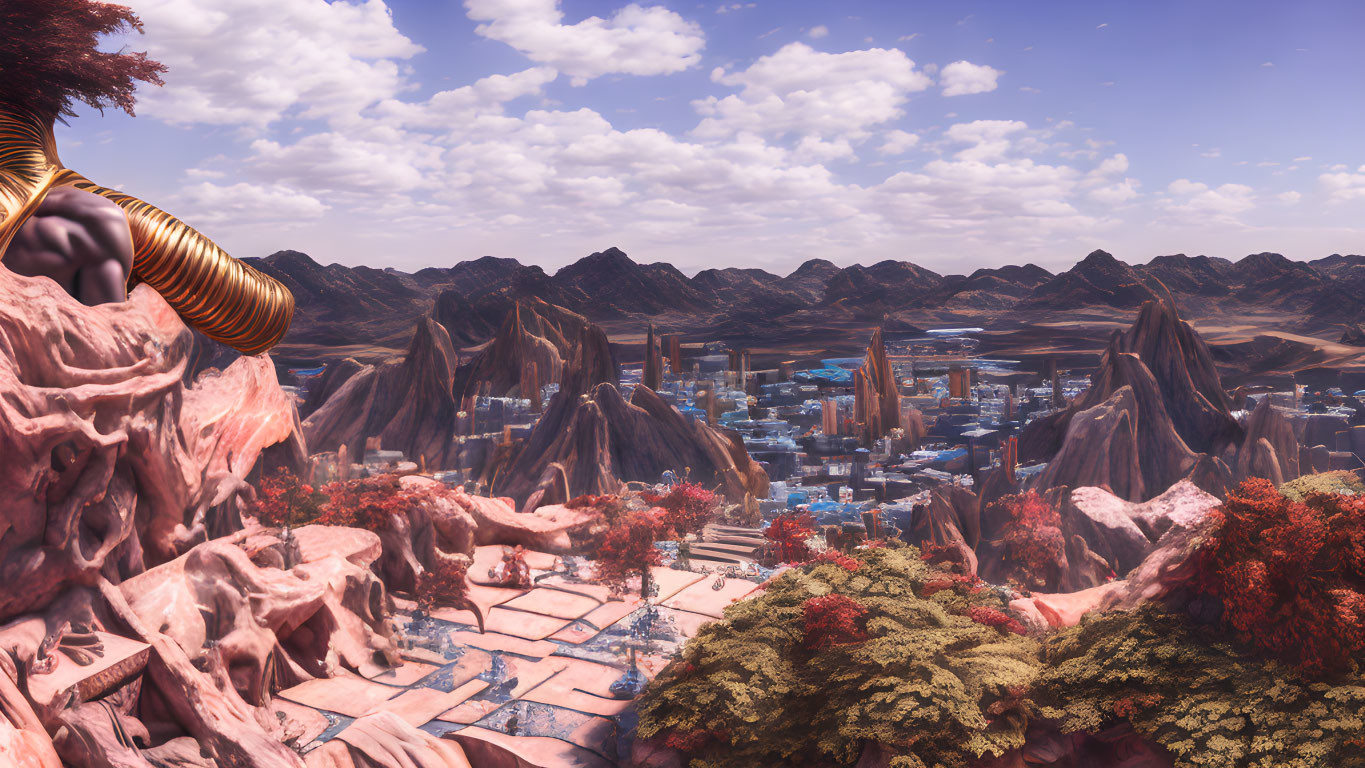 Futuristic Martian city with red foliage and tube structure