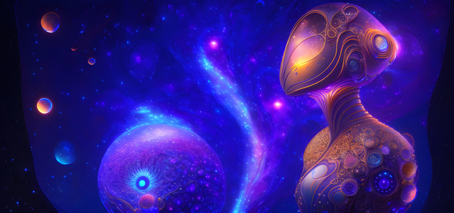 Golden ornate robotic entity in vibrant sci-fi scene with cosmic landscape