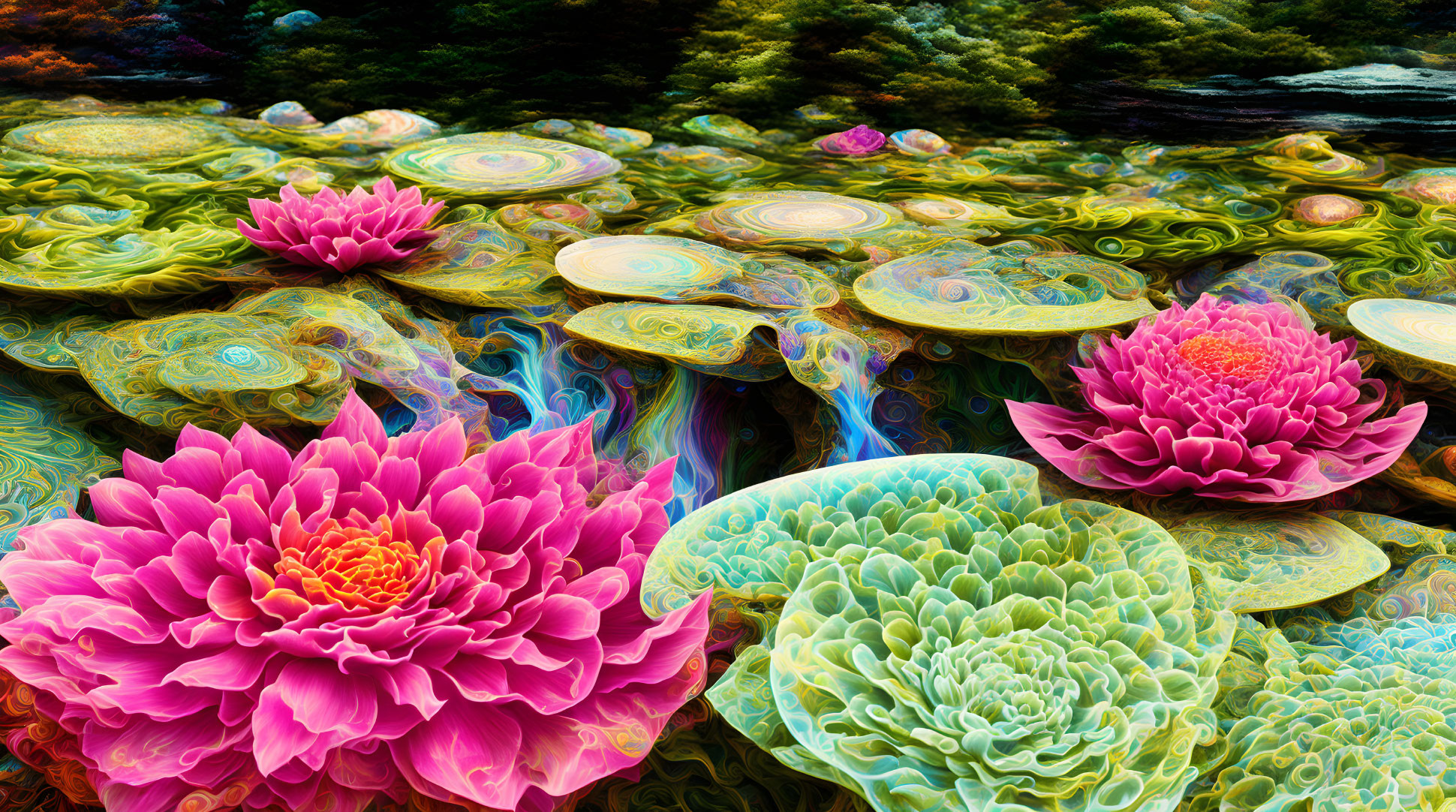 Colorful Lotus Flowers on Psychedelic Water Surface with Dark Foliage