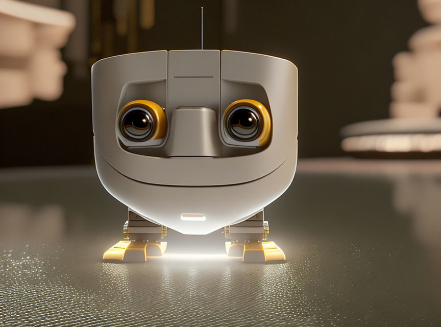 White Small Friendly Robot with Large Expressive Eyes on Glossy Surface