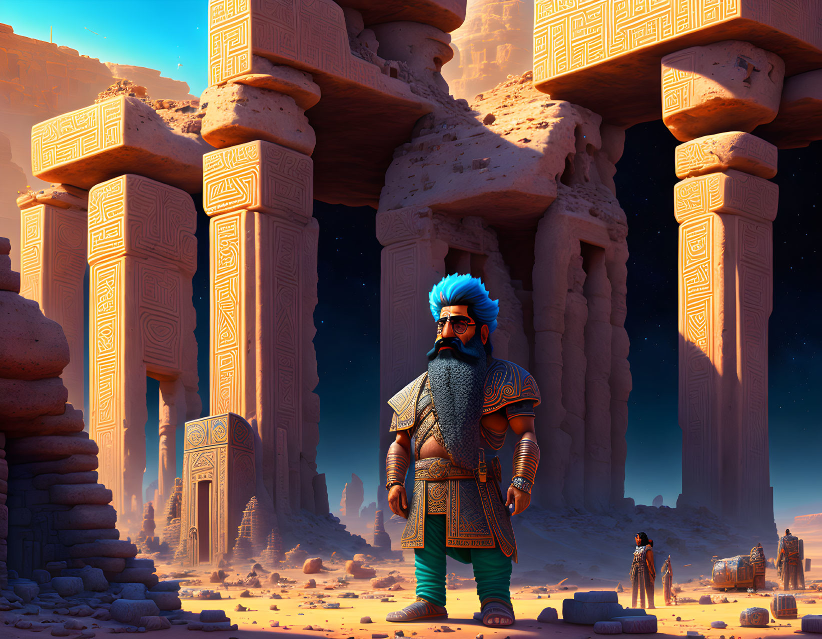 Ancient warrior with blue turban in desert ruins illustration