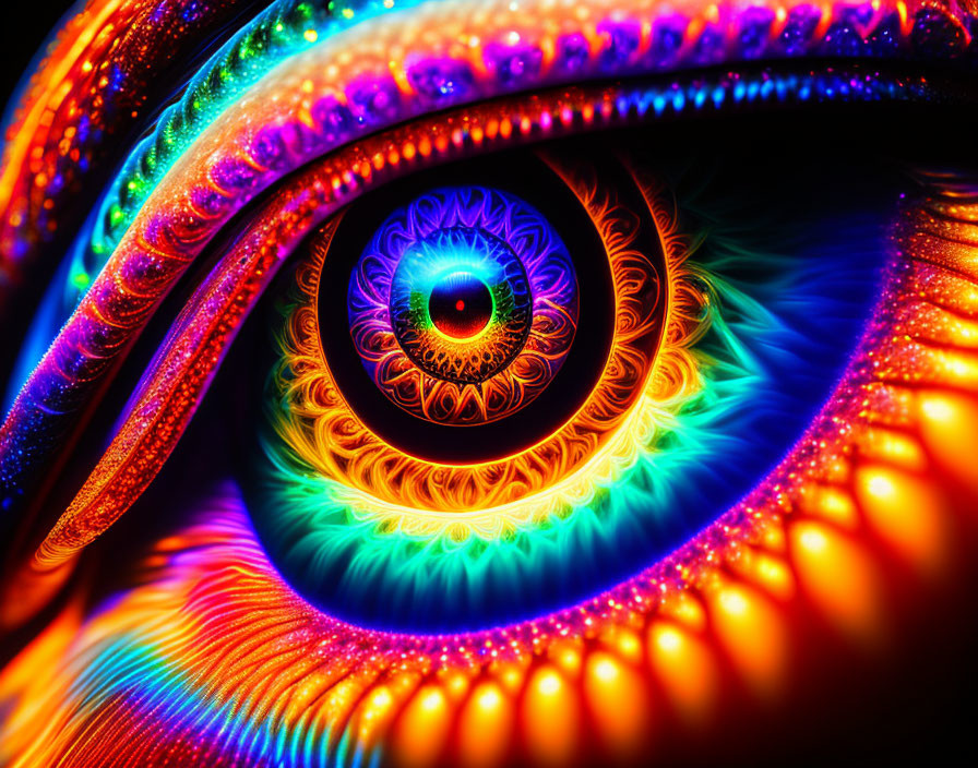 Colorful fractal eye art with neon rainbow patterns.