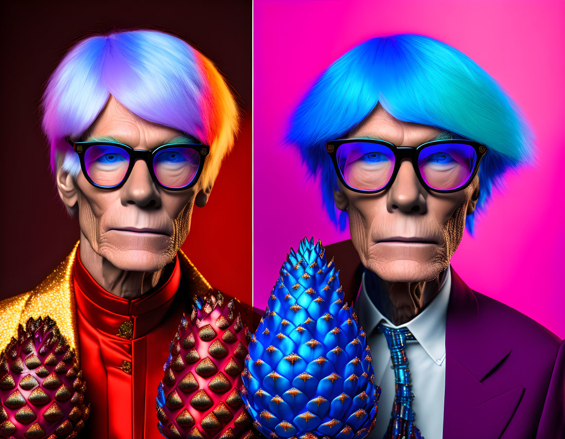 Colorful portrait of older man with blue hair, glasses, and stylish outfit holding blue pineapple on vibrant