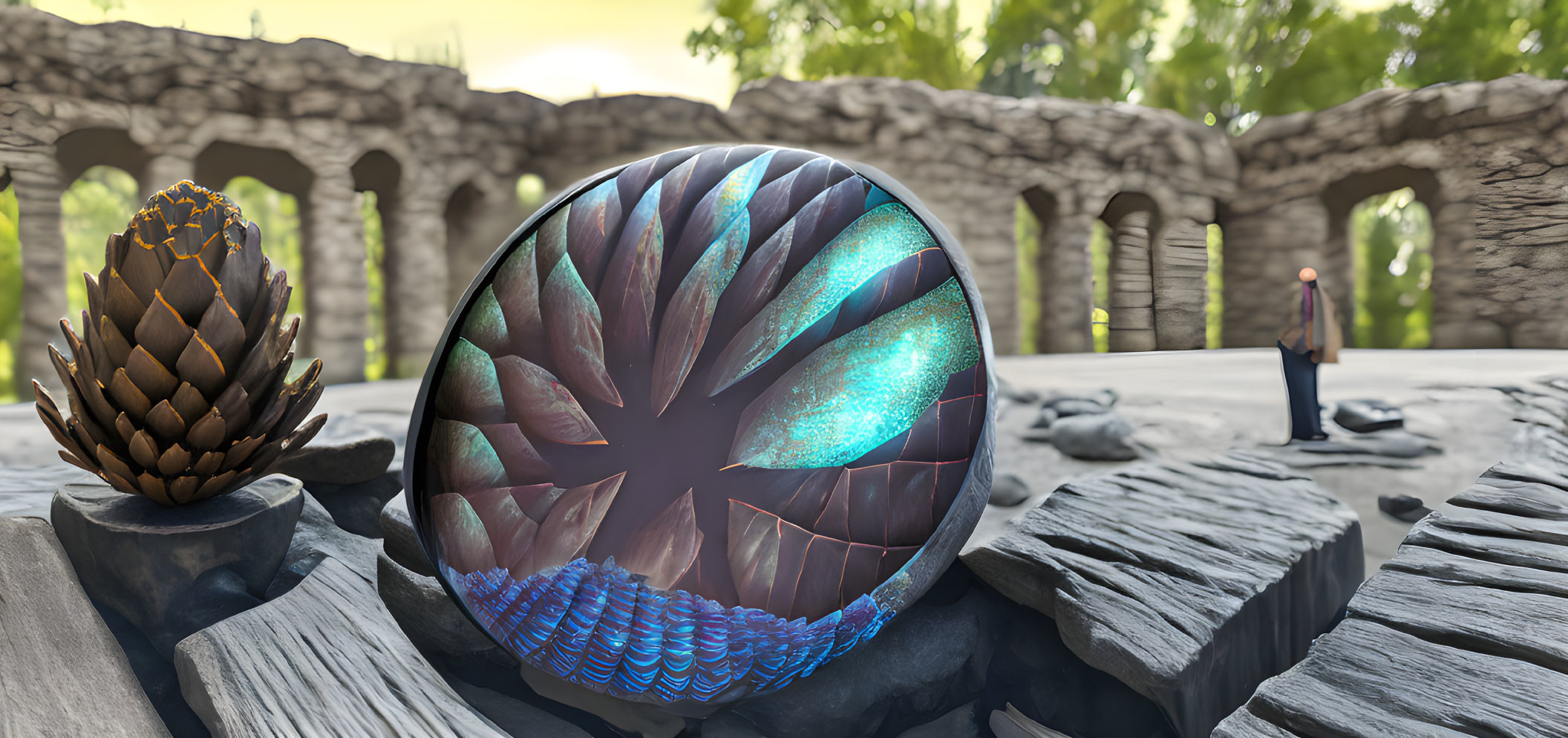 Person standing in ancient stone amphitheater with iridescent spherical object and pine cone.