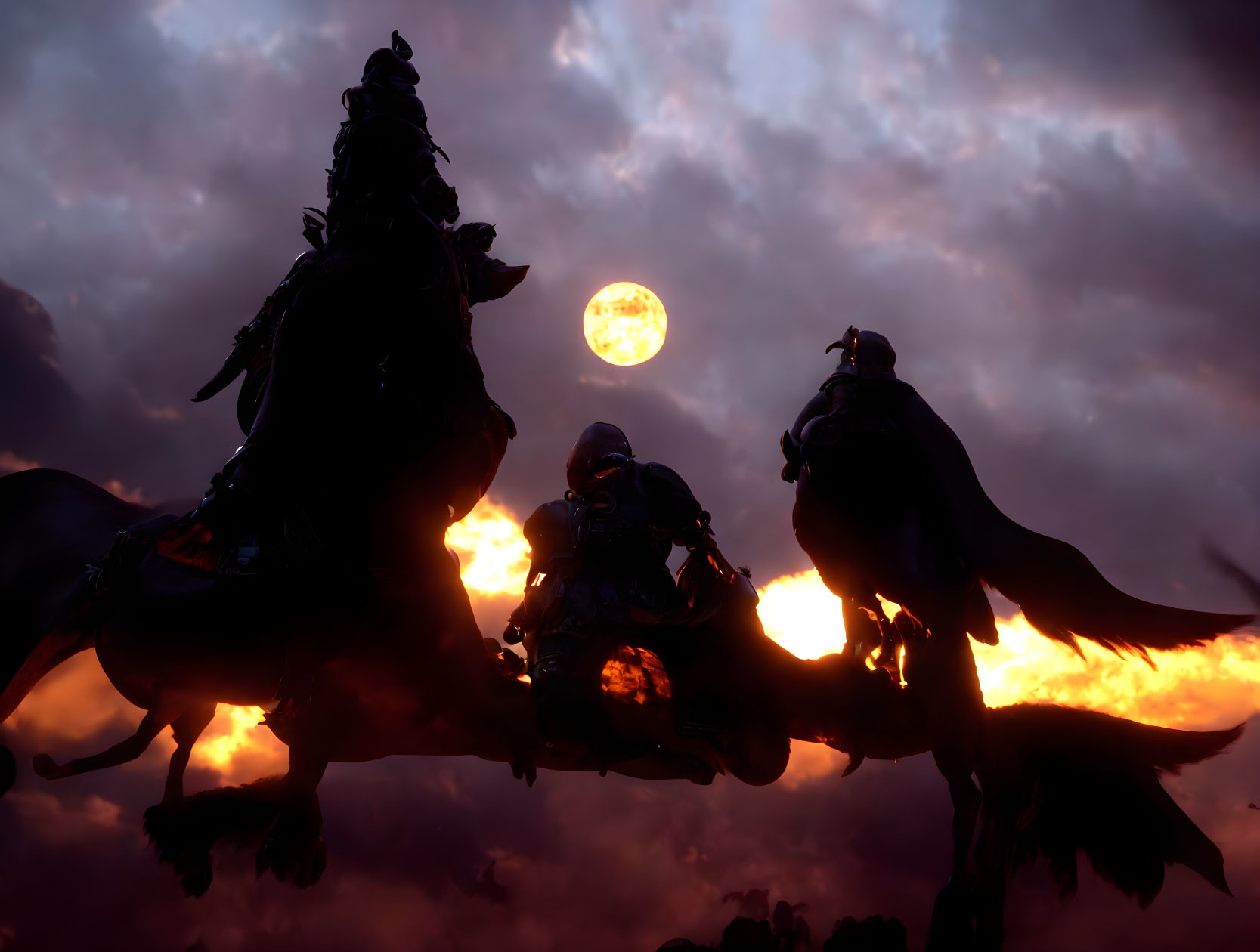 Three Mounted Knights Silhouetted Against Dramatic Sky