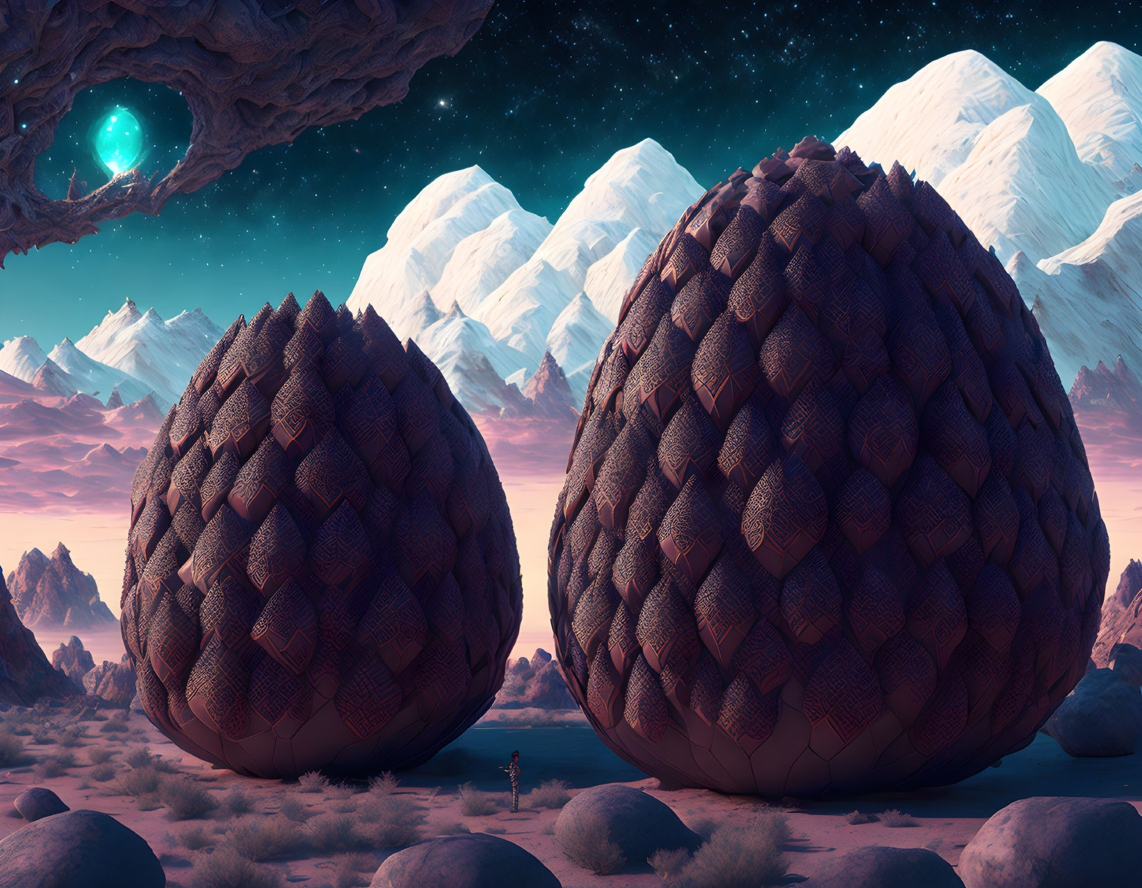 Surreal landscape with pinecone-like structures, snowy mountains, celestial body, and lone figure.