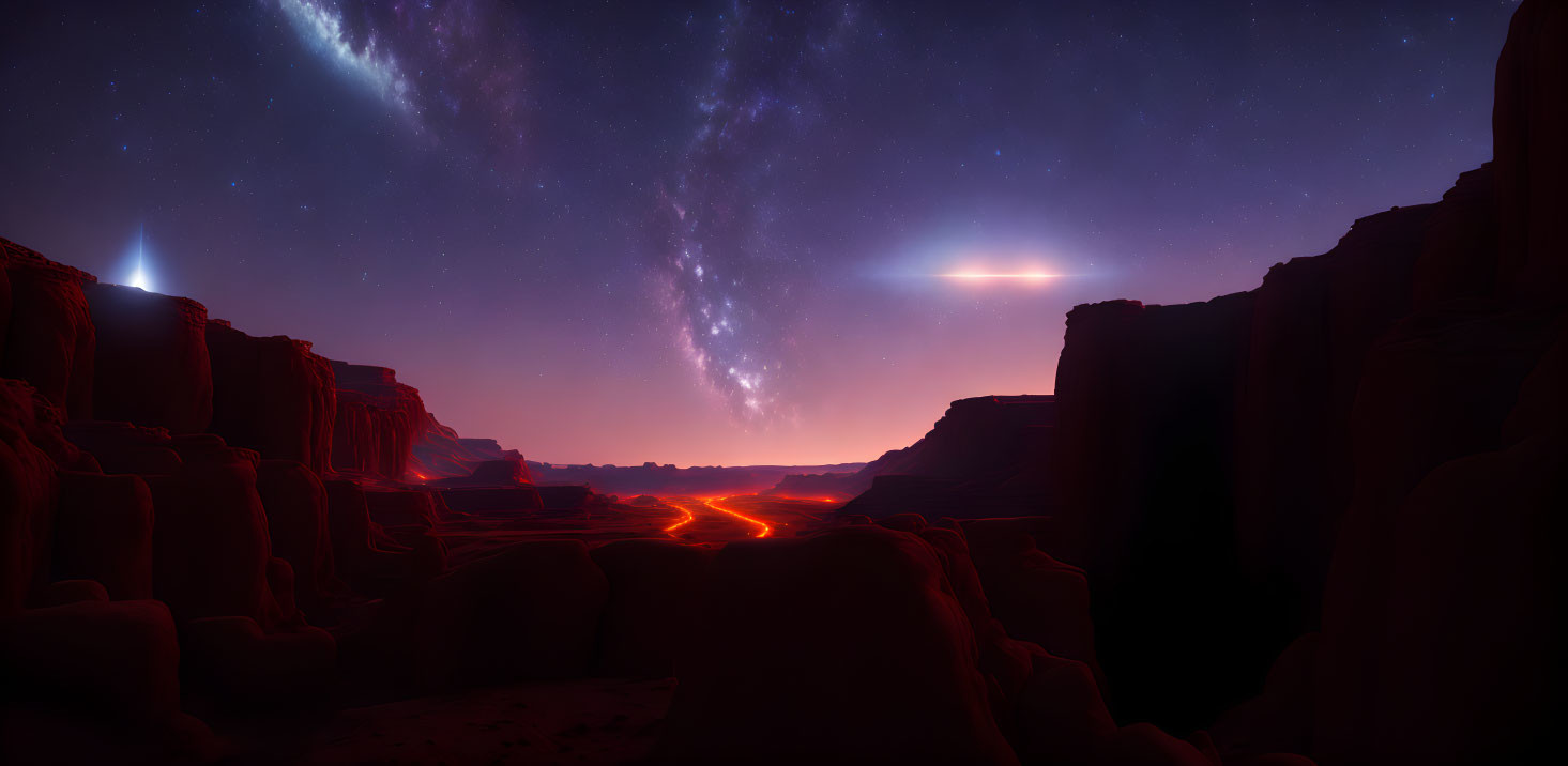 Starry Night Sky Panorama Over Lava-Filled Canyon