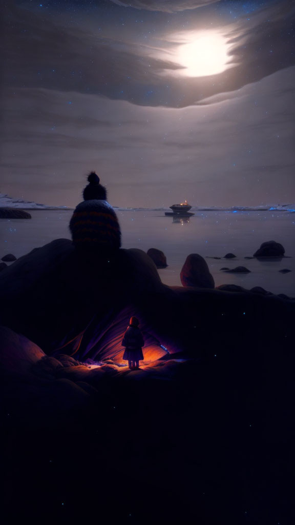 Person and child admiring moon by shore at night with glowing tent and distant boat