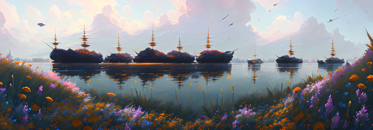 Serene landscape with floating islands and ancient ships over reflective lake