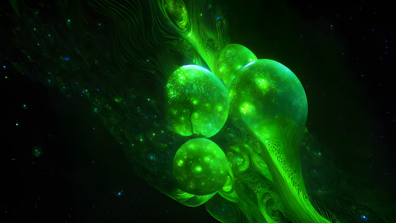 Vibrant digital art: Green orbs, fractal patterns on dark background