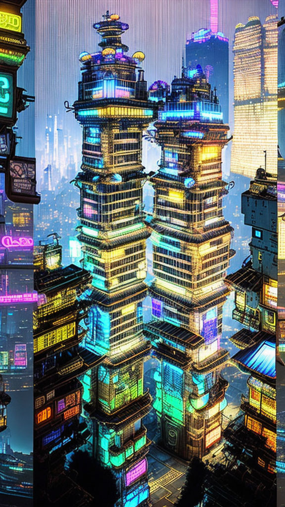 Futuristic cyberpunk cityscape with neon-lit skyscrapers and oriental architecture