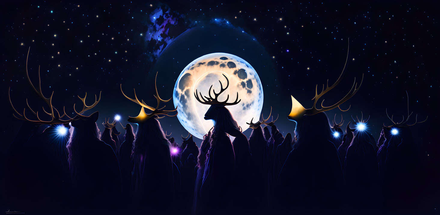 Digital artwork: Deer silhouettes with glowing antlers on mountain peaks under moonlit sky