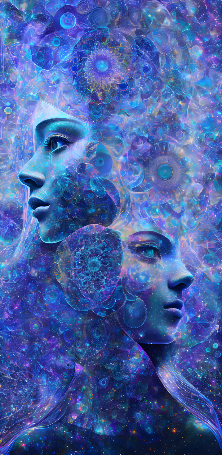 Digital artwork of two female profiles with cosmic patterns and neon hues