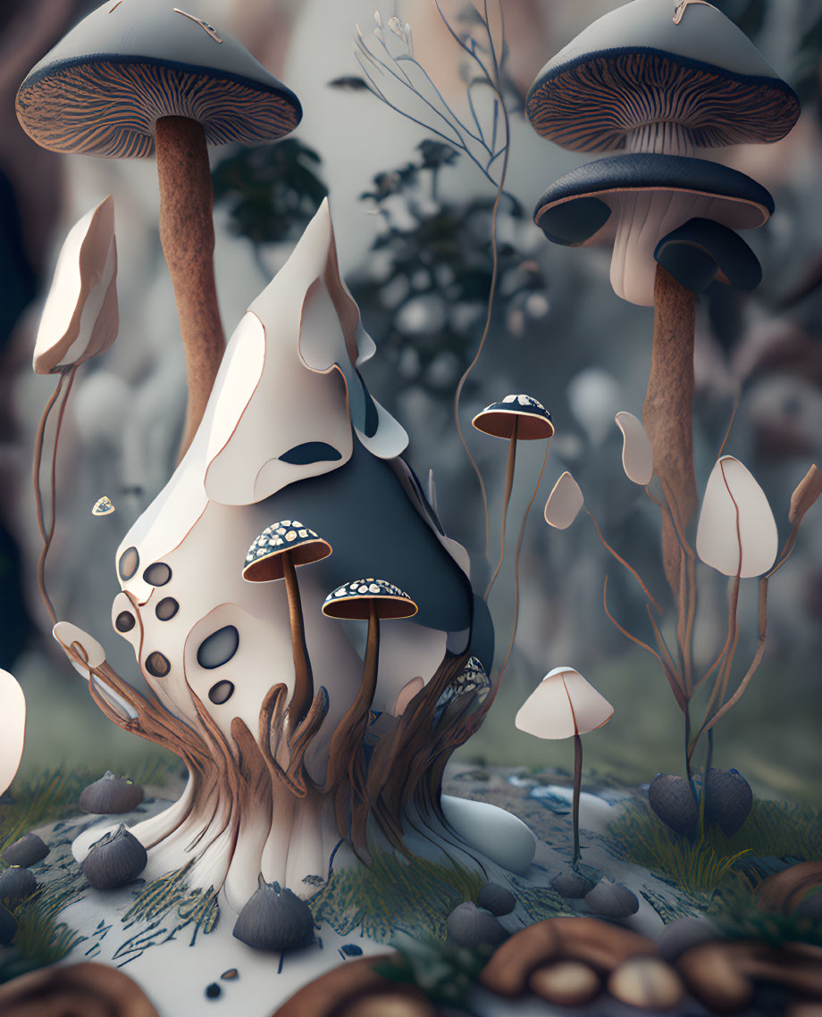 Fantasy scene with oversized mushrooms and anthropomorphic tree character