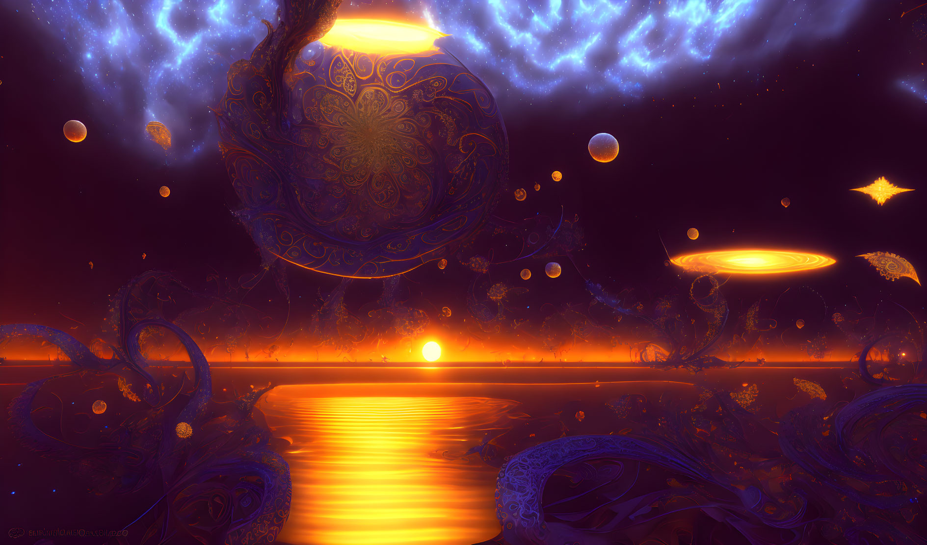 Colorful cosmic scene with orange horizon, reflecting water, celestial bodies, and swirling patterns