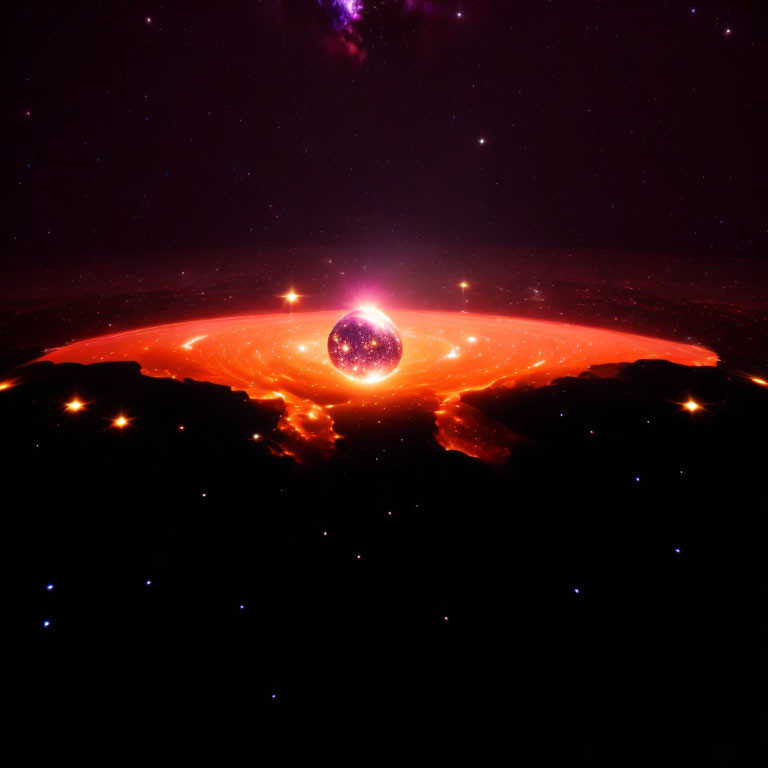Cosmic scene with bright star-like object in glowing orange nebulous ring