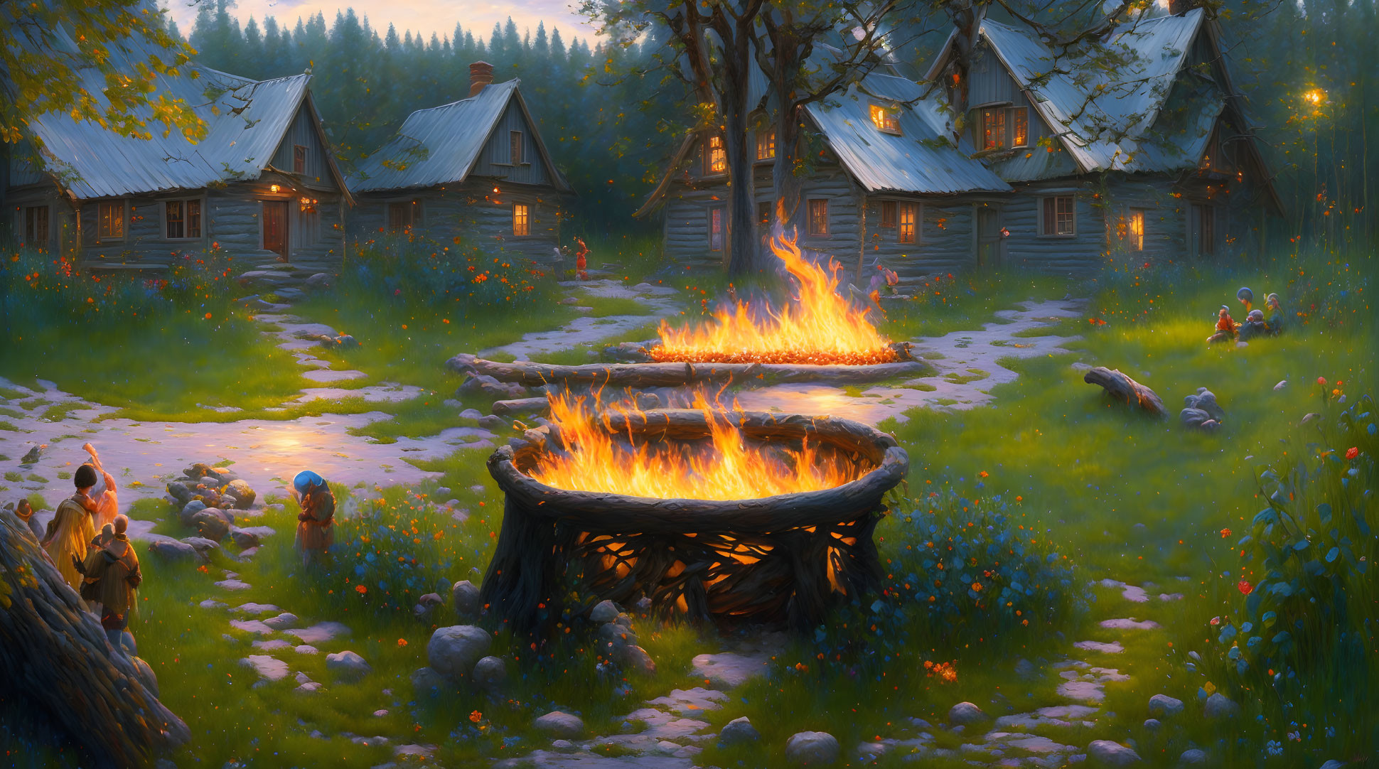 Rustic village dusk scene with cabins, bonfire, and people in forest landscape