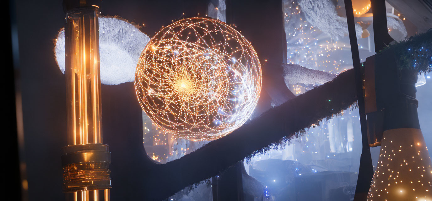 Snow-covered garland and glowing lights in festive night scene