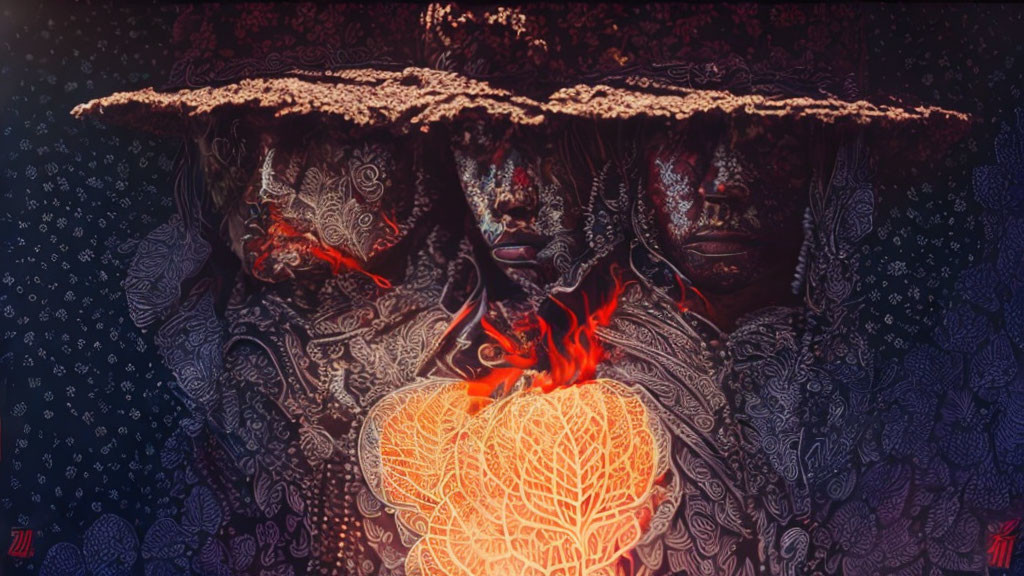 Mystical figures with obscured faces and fiery heart in intricate setting