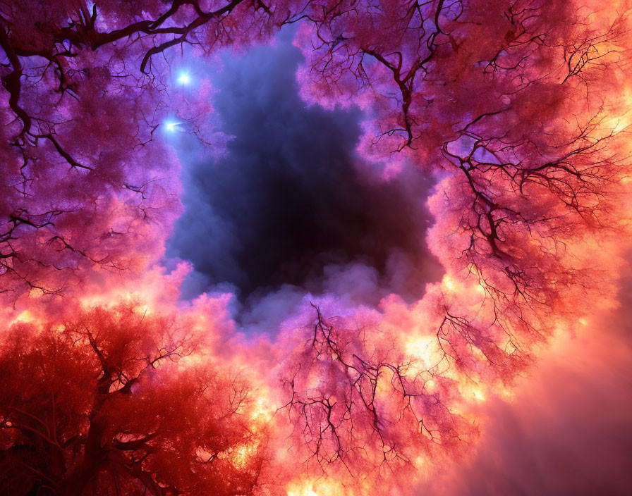 Surreal image of vibrant trees with purple and pink foliage under starry night sky