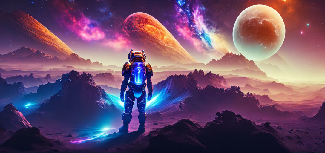 Astronaut on alien landscape with mountains, planets, and nebula