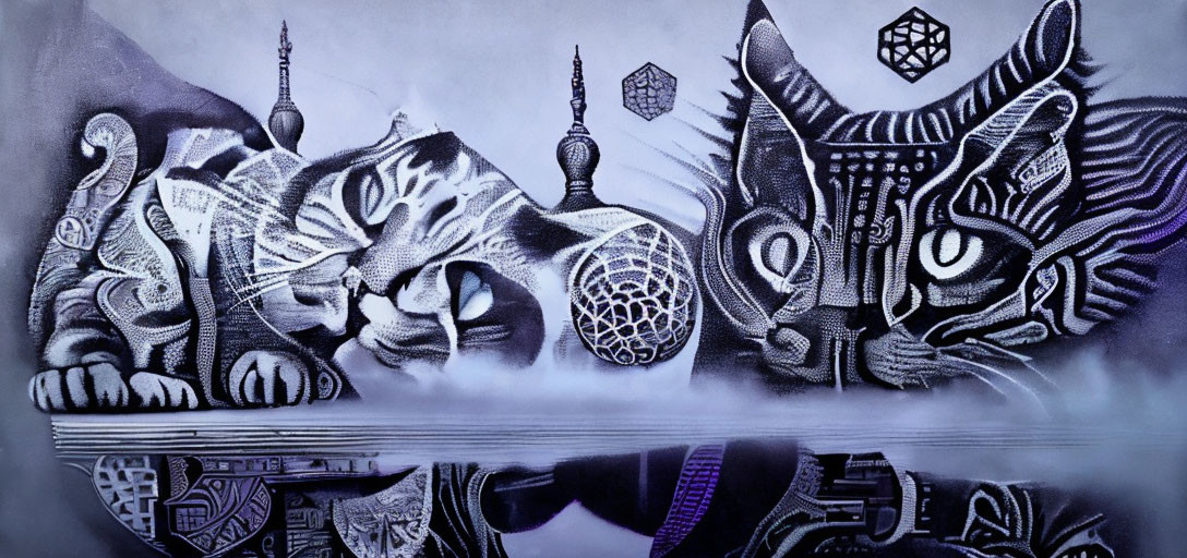 Monochrome mural featuring stylized cats and geometric patterns