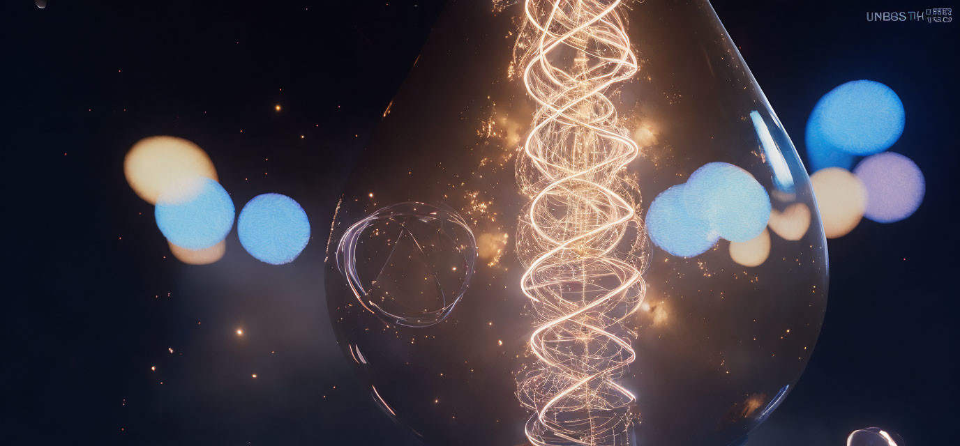 Double Helix Filament Illuminated by Blue Bokeh Circles on Dark Background