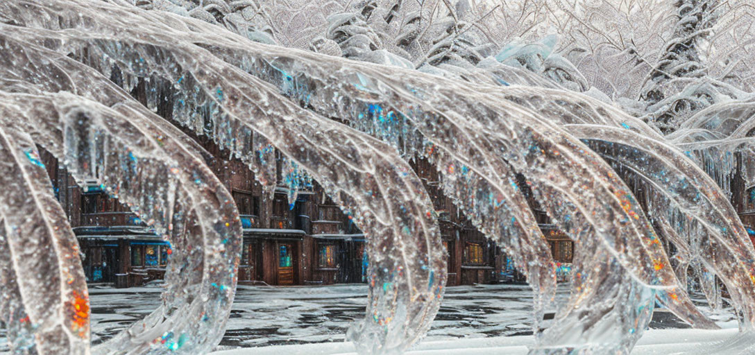 Snow-covered landscape with icy trees and rustic building in blurred background