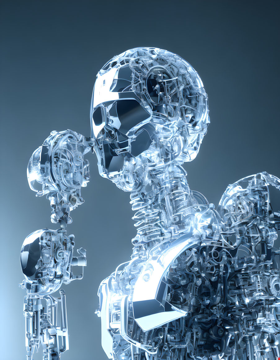 Transparent Robot with Intricate Internal Mechanics on Blue-Grey Background