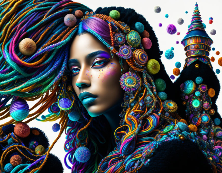 Vibrant digital artwork: Woman with intricate hair design on white background