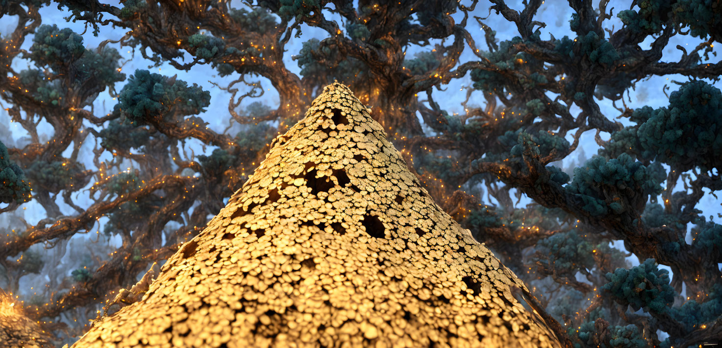 Golden tree with intricate branches and glowing canopy against hazy background