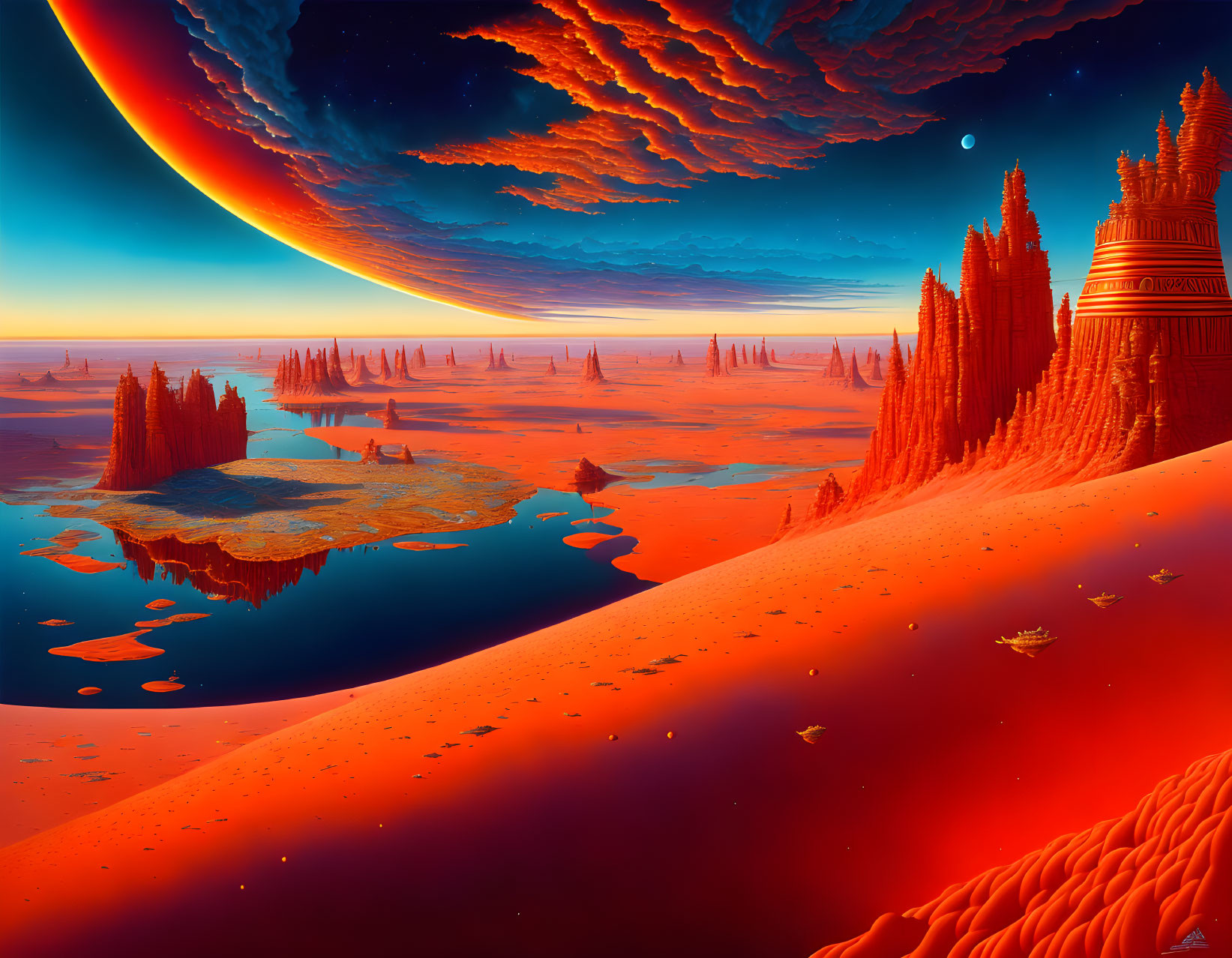 Red Sands, Alien Structures, Water Bodies in Sci-Fi Landscape